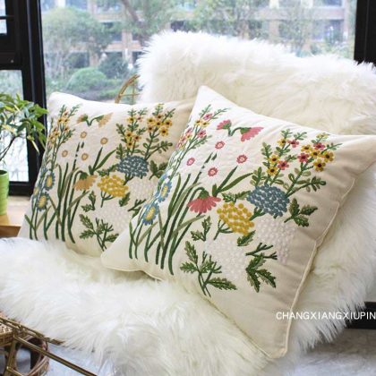 2PCS Embroidered European Pastoral Floral Cotton Cushion Covers for Sofa Decor