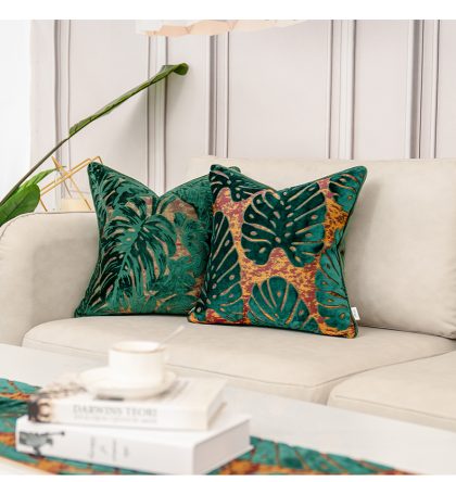 2PCS Luxury Leaves Pattern Teal Velvet Cushion Cover for Home Decor